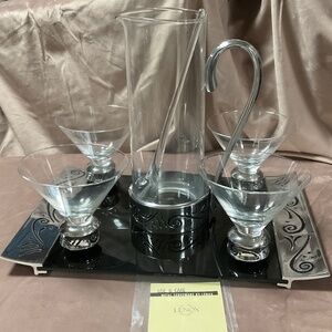 New Lenox Spyro Martini 7 Piece Set, Pitcher with Stirrer, Glasses & Tray